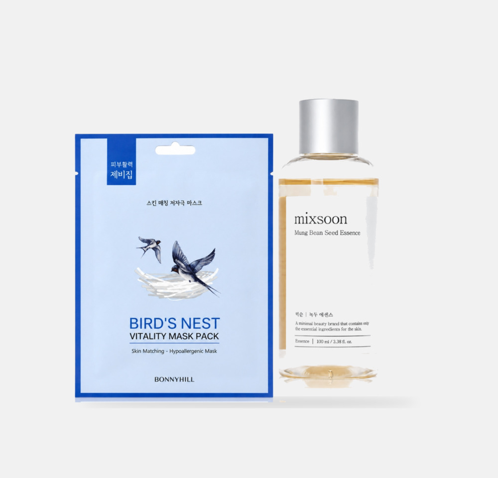 Bonnyhill mask pack and Mixsoon essence on grey